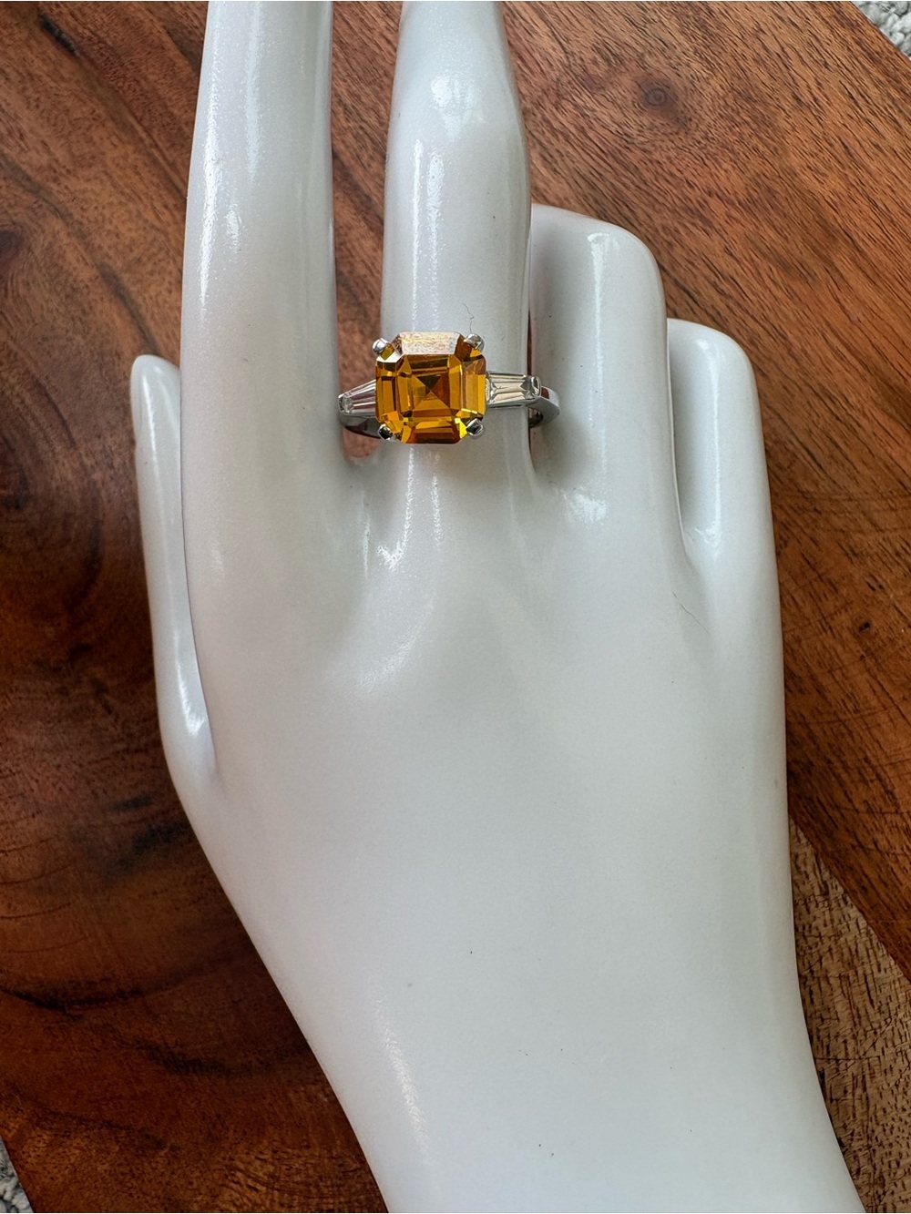 Silver-Tone Ring with Yellow Emerald-Cut Stone - Size 8.75